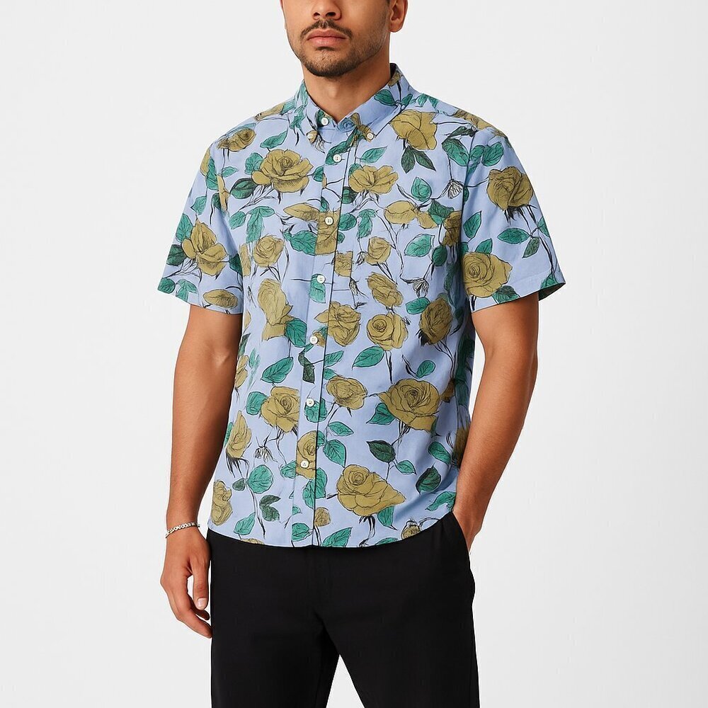 OBEY Propaganda Rose Print Button Up Shirt Floral Blue Yellow XL Mens Streetwear